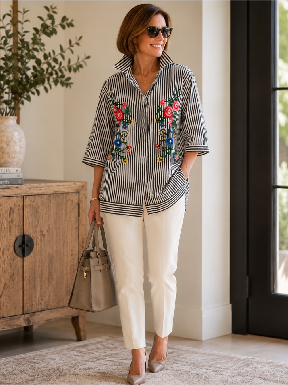 Walter Baker Tunic Black & White Striped Button-Down with Floral Embroidery XL